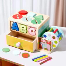 Joc multifunctional Montessori Sortare forme litere, sertar, cilindru cu bile