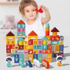 Set 100 de cuburi din lemn cu orasel in galetusa cu capac sortator Dream City