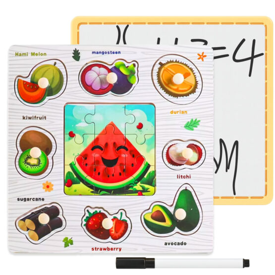 Puzzle lemn incastru 3 in 1 cu tablita de desen si marker Fructe