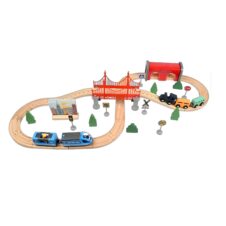 Circuit trenuleț din lemn cu pod roșu, tunel și șine puzzle – 52 piese educative pentru copii