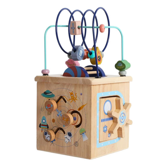 Cub educativ din lemn multifunctional pentru motricitate Onshine Space Cube cu tematica spatiul cosmic1