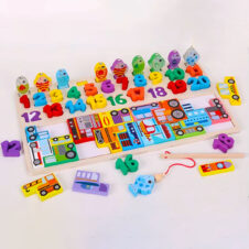 Joc Logaritmic 4 in 1 din lemn cu Cifre, Tetris Vehicule, Pescuit Magnetic, joc de echilibru