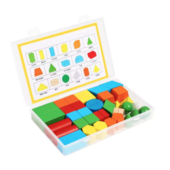 Set corpuri geometrice solide Montessori din lemn 38 piese colorate1