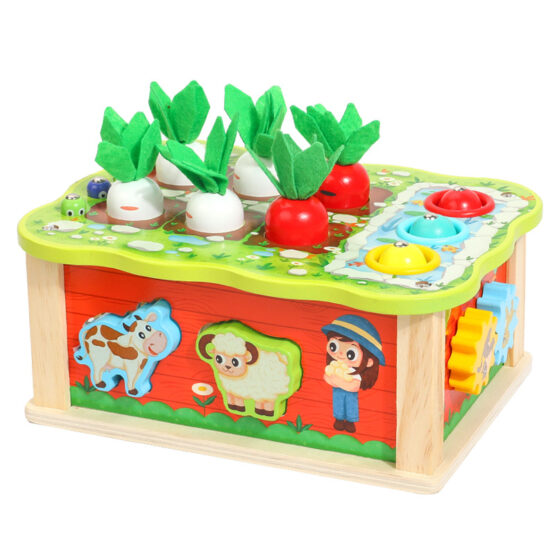 Joc educativ 5 in 1 cu sortator animale si cules de morcovi Farm Box1