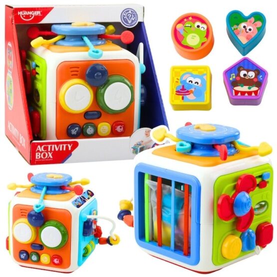 Cub interactiv Busy Activity Box cu activități pentru copii – 6 fețe cu sortare forme, lumini, sunete și mecanisme1