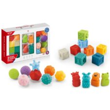 Set 20 jucării senzoriale bebe cu mingi senzoriale, cuburi texturate și animăluțe colorate