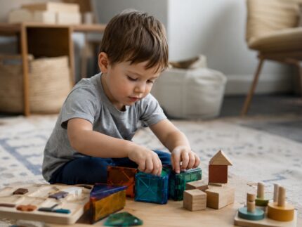 Copil care construiește un turn din cuburi colorate de construcție