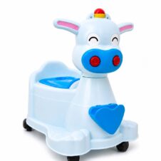Oliță copii 2 în 1 cu roți, muzică și lumini, model văcuță, 1 an+, tăviță detașabilă, Bleu