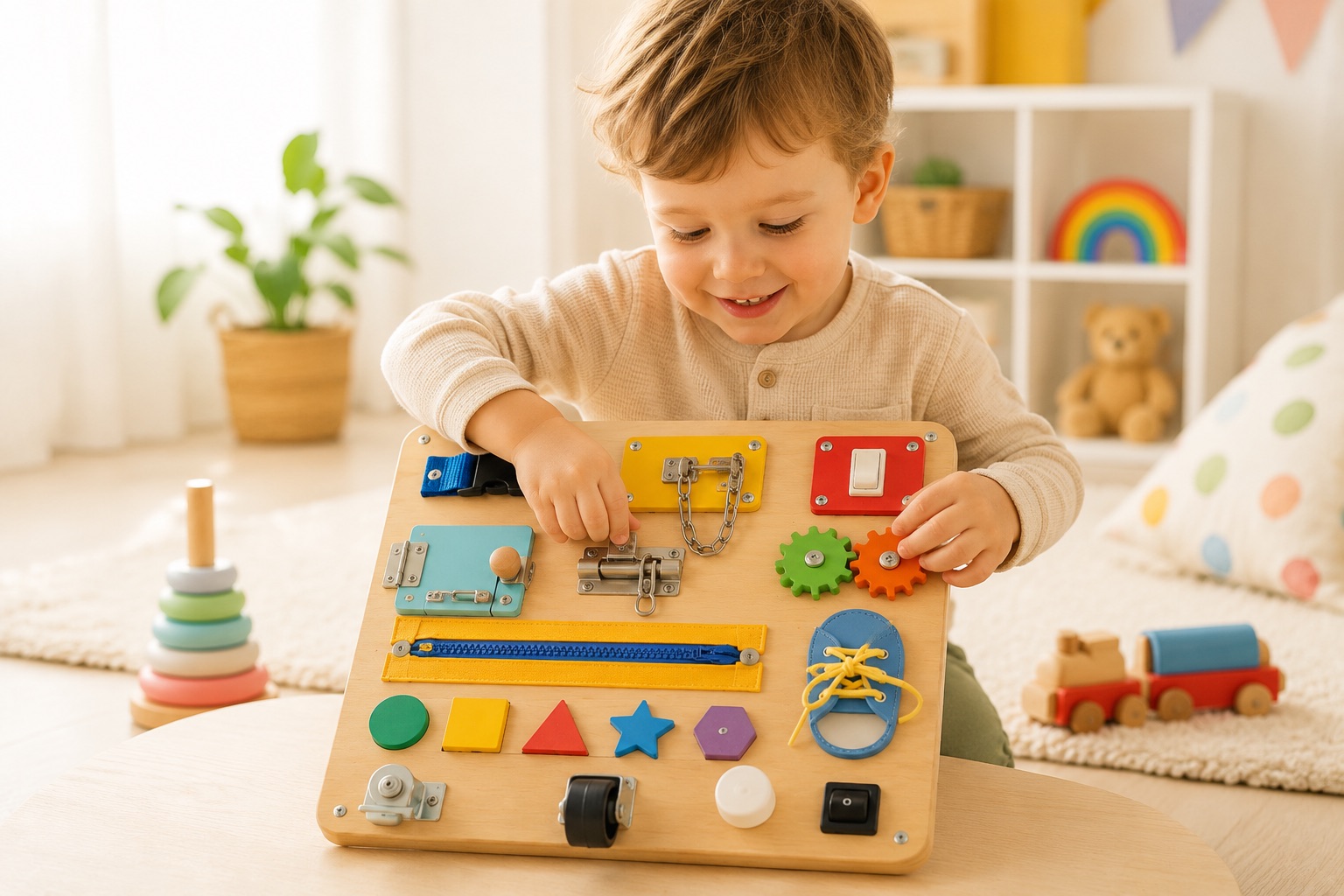 Copil care se joacă cu o placă busy board senzorială Montessori din lemn
