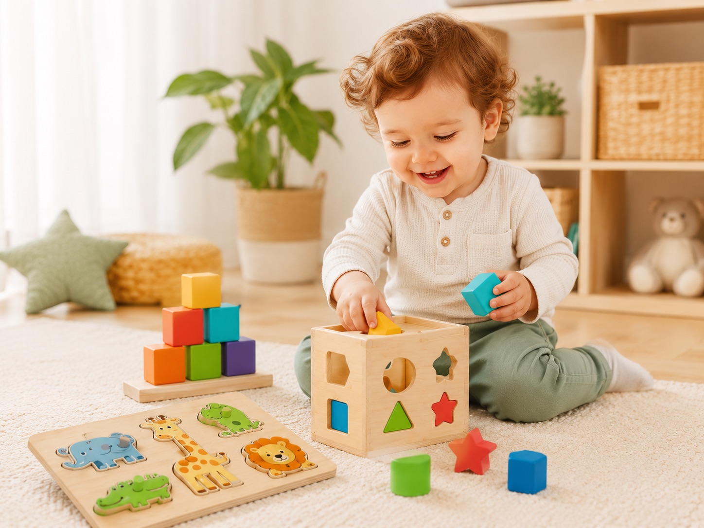 Copil de 2 ani care folosește jucării educative potrivite vârstei: sortator de forme, puzzle din lemn și cuburi colorate.