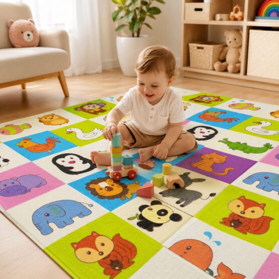 Covoraș de joacă pliabil 180 x 150 cm – Padure și Animale în carduri4