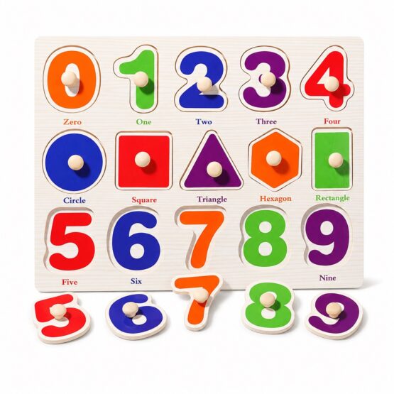 Puzzle incastru din lemn cu cifre si forme 0 - 9 cu butoni din lemn