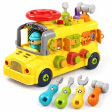 Autobuz jucărie STEM, atelier cu unelte, șuruburi, rotițe și activități