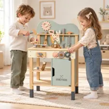 Banc de lucru STEM din lemn, cu unelte și menghină – Handyman MSN25005