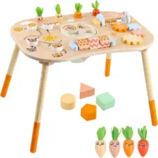 Măsuță de activități din lemn 6 în 1, cu sortator de forme și rotițe Baby Montessori Activity