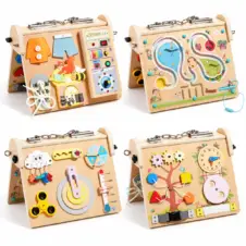 Panou de activități din lemn 4 în 1, Busy Board cu lumini și labirint magnetic