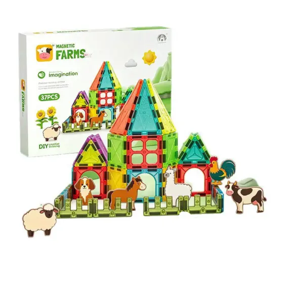 Set construcții magnetice joc cu magneți 3D Magnetic Tiles cu Ferma 37 piese1