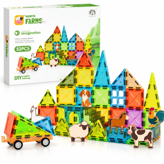Set de construcție cu plăci magnetice 3D și figurine cu animalele de la fermă, Magnetic Farms, 52 de piese1