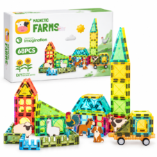Set de construcție cu plăci magnetice 3D și figurine cu animalele de la fermă, Magnetic Farms, 68 de piese