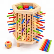 Turn Plunk hexagonal din lemn, joc de îndemânare cu bile și bețe colorate