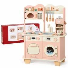 Bucătărie de jucărie din lemn pentru copii, cu espressor, mașină de spălat și accesorii, roz pastel MSN24009