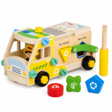 Camion de gunoi, jucărie din lemn demontabilă, cu sortator de forme și șurubelniță – Reciclare selectivă