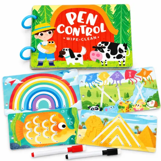 Carte reutilizabilă de grafisme pentru copii, Scrie și șterge Pen Control Ferma Animalelor, 30 de pagini și 2 markere111