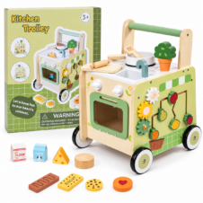 Cărucior Bucătărie din lemn pentru copii pe roți, cu centru de activități, sortator de forme și accesorii de gătit