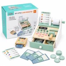 Casă de marcat de jucărie din lemn Kabi, cu scanner, POS, bani și card, My Little Cash Register