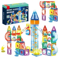 Circuit cu bile și plăci magnetice 3D, lift electric și lumini LED, joc STEM, 134 piese Magnet Blocks