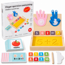Joc Montessori Tăbliță 3 in 1 Scriere în nisip, Numărat pe degete și operațiuni matematice, carduri cu litere și cuvinte