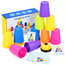 Joc de îndemânare și rapiditate cu 12 pahare colorate, clopoțel și 49 de carduri – Stacked Cup Battle