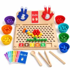 Joc educativ 5 în 1 din lemn cu mozaic din bile, motricitate fină, numărat pe degete, sortare culori și operații matematice