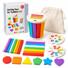 Joc lemn Clasificare Montessori Sortator culori și forme Cilindru 3 în 1