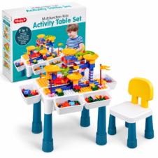 Măsuță de activități pentru copii 7 în 1, cu scăunel, cuburi, compatibilă Duplo și Lego clasic 88609