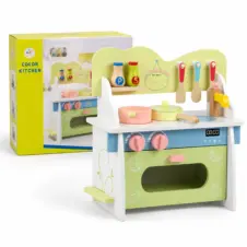 Mini bucătărie de jucărie din lemn pentru copii, cu chiuvetă, cuptor și accesorii, verde pastel MSN21027