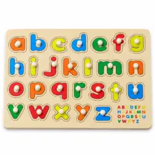 Puzzle alfabet din lemn cu 26 de litere mici colorate și mâner