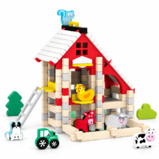 Set cuburi din lemn pentru construcții creative, Ferma animalelor, 122 piese