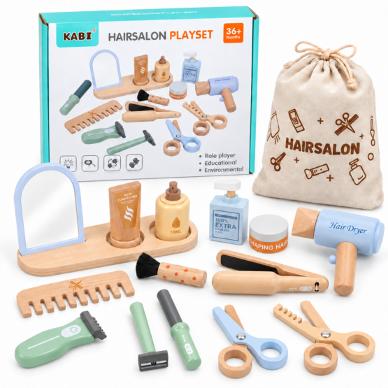 Set de coafor și frizerie din lemn, joc de rol pentru copii, Kabi Hairsalon Playset6
