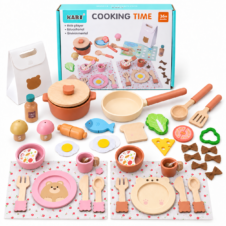Set de gătit din lemn pentru copii, Kabi Cooking Time, cu vase, tacâmuri și alimente de jucărie