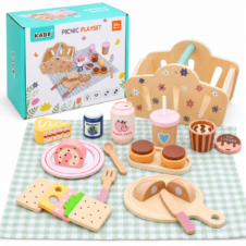 Set de picnic din lemn pentru copii, Kabi, cu coș, alimente și accesorii de servire