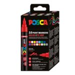 Set de 16 markere UNI Posca, vârf tip pensulă, 1–4 mm