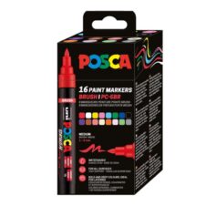 Set de 16 markere UNI Posca, vârf tip pensulă, 1–4 mm