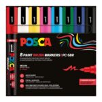 Set de 8 markere UNI Posca, vârf tip pensulă, 1–4 mm