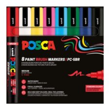 Set de 8 markere UNI Posca, vârf tip pensulă, 1–4 mm