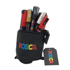 Penar echipat UNI Posca, Stand UP, cilindric, 1 fermoar, negru, 18 bucăți