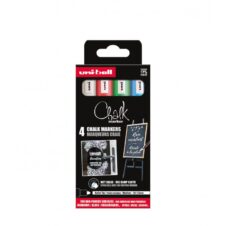 Set de 4 markere cu cretă lichidă UNI Chalk, albastru, verde, roșu și alb