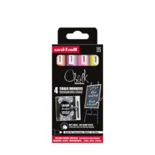 Set de 4 markere cu cretă lichidă UNI Chalk, galben, roz, violet și portocaliu